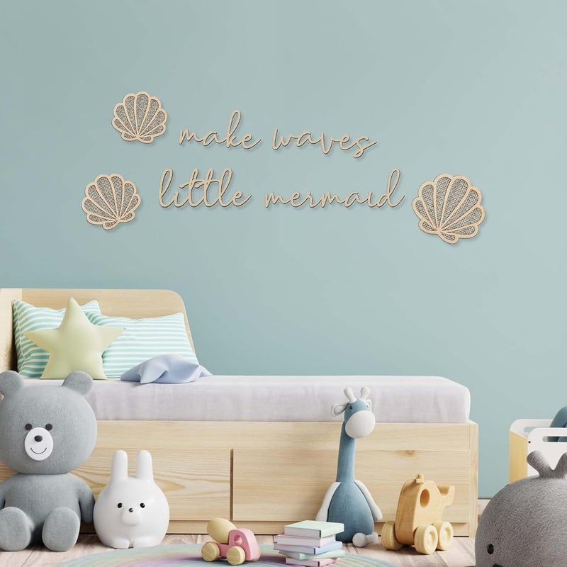 Aimery Store Make Waves Little Mermaid Wall Decor, Artistic Mermaid Room Decor for Girls, Wooden Nursery Wall Decorations, Elegant Shells and Boho Wall Art for Girl Bedroom, Living Room - Image 5